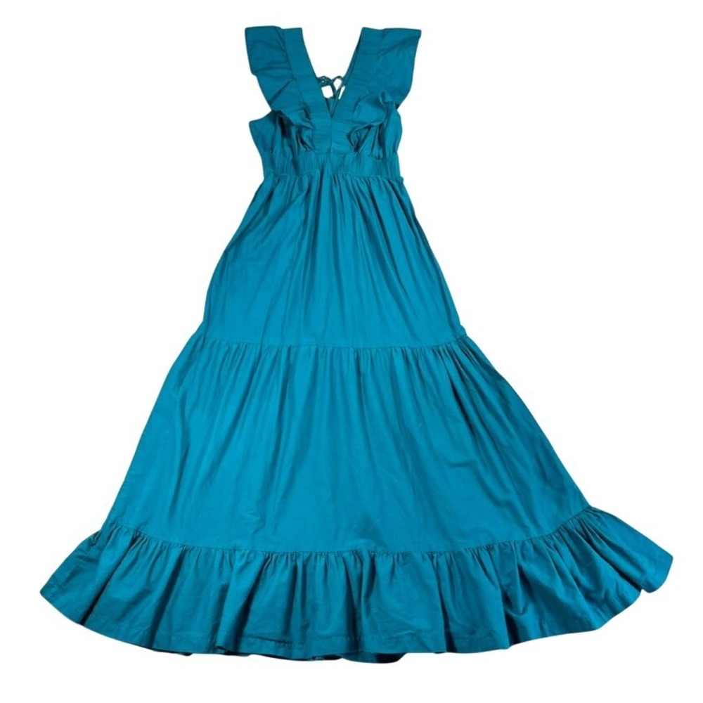 Gap‎ Womens Teal Blue Cotton Ruffle Tiered Maxi Sundress Size M Smocked Waist